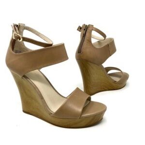 Seychelles Leather Tan Boho Wooden Wedge Strappy Buckle Open Toe Platform Heel 8